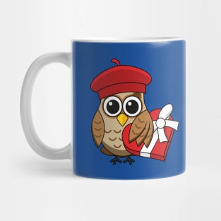 Cute Owl with Red Beret and Heart Box Mug